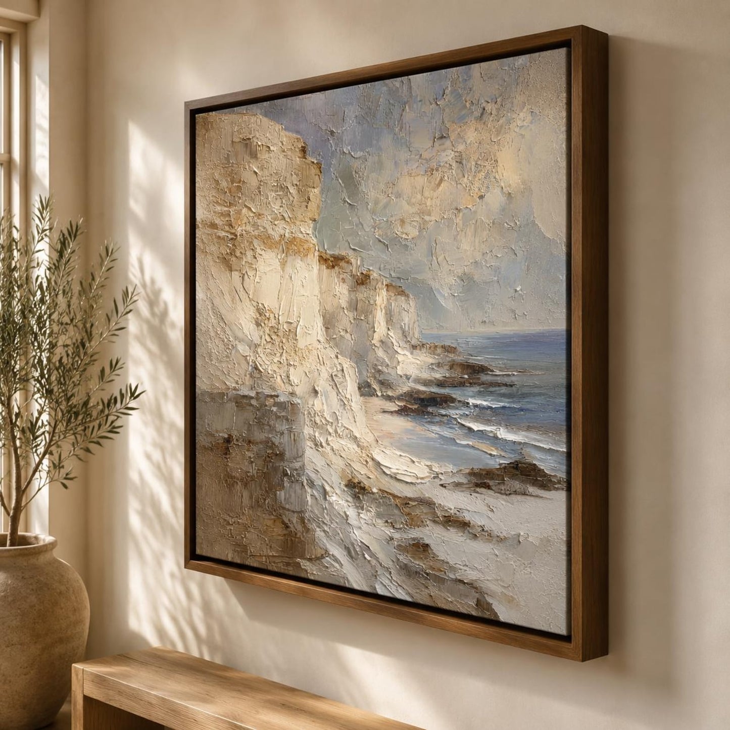 Coastal Cliff Wall Art, Textured Ocean Landscape Painting, Neutral Seascape Canvas, Beach Cliffs Impasto Artwork, Luxury Coastal Wall Decor