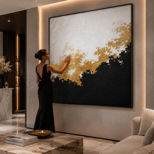 Black Gold Abstract Textured Painting, Luxury Modern Wall Art, Metallic Gold Impasto Canvas, Contemporary Statement Artwork
