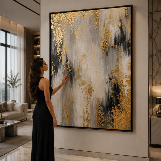 Black Gold Gray Abstract Painting, Luxury Textured Wall Art, Metallic Gold Leaf Canvas, Modern Impasto Artwork, Contemporary Statement Decor