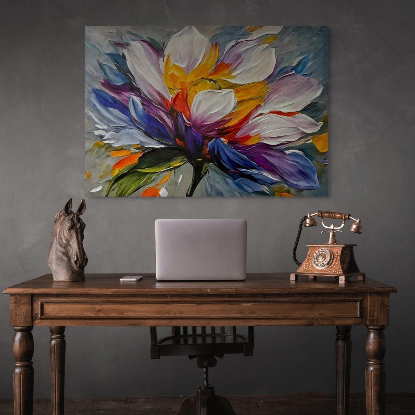 Textured Floral Oil Painting, Colorful Abstract Flower Canvas Art