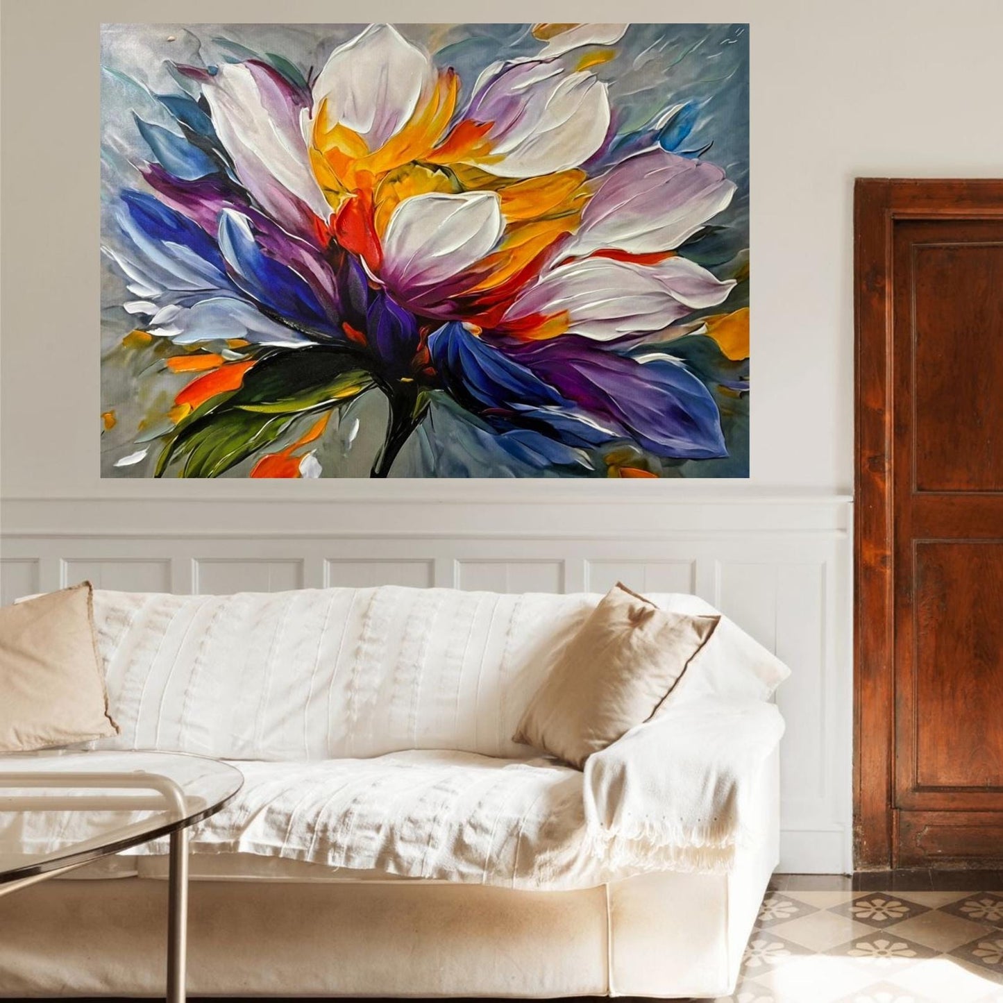 Textured Floral Oil Painting, Colorful Abstract Flower Canvas Art