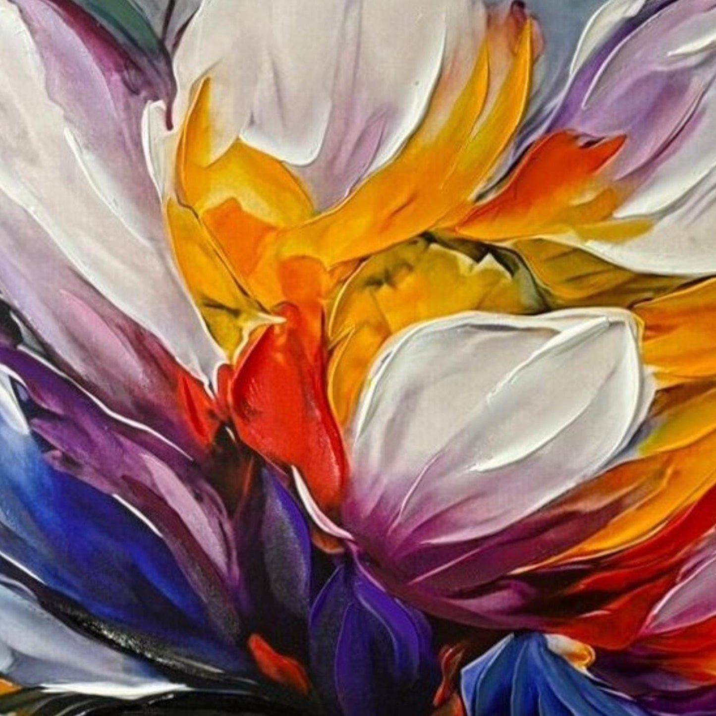Textured Floral Oil Painting, Colorful Abstract Flower Canvas Art