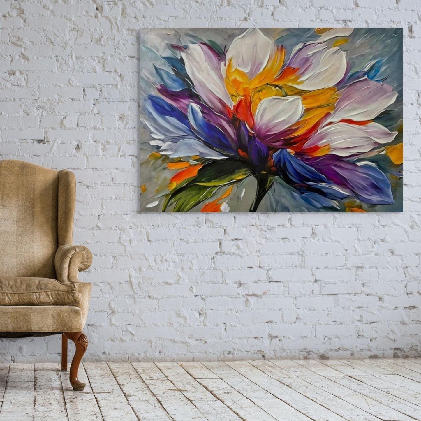 Textured Floral Oil Painting, Colorful Abstract Flower Canvas Art
