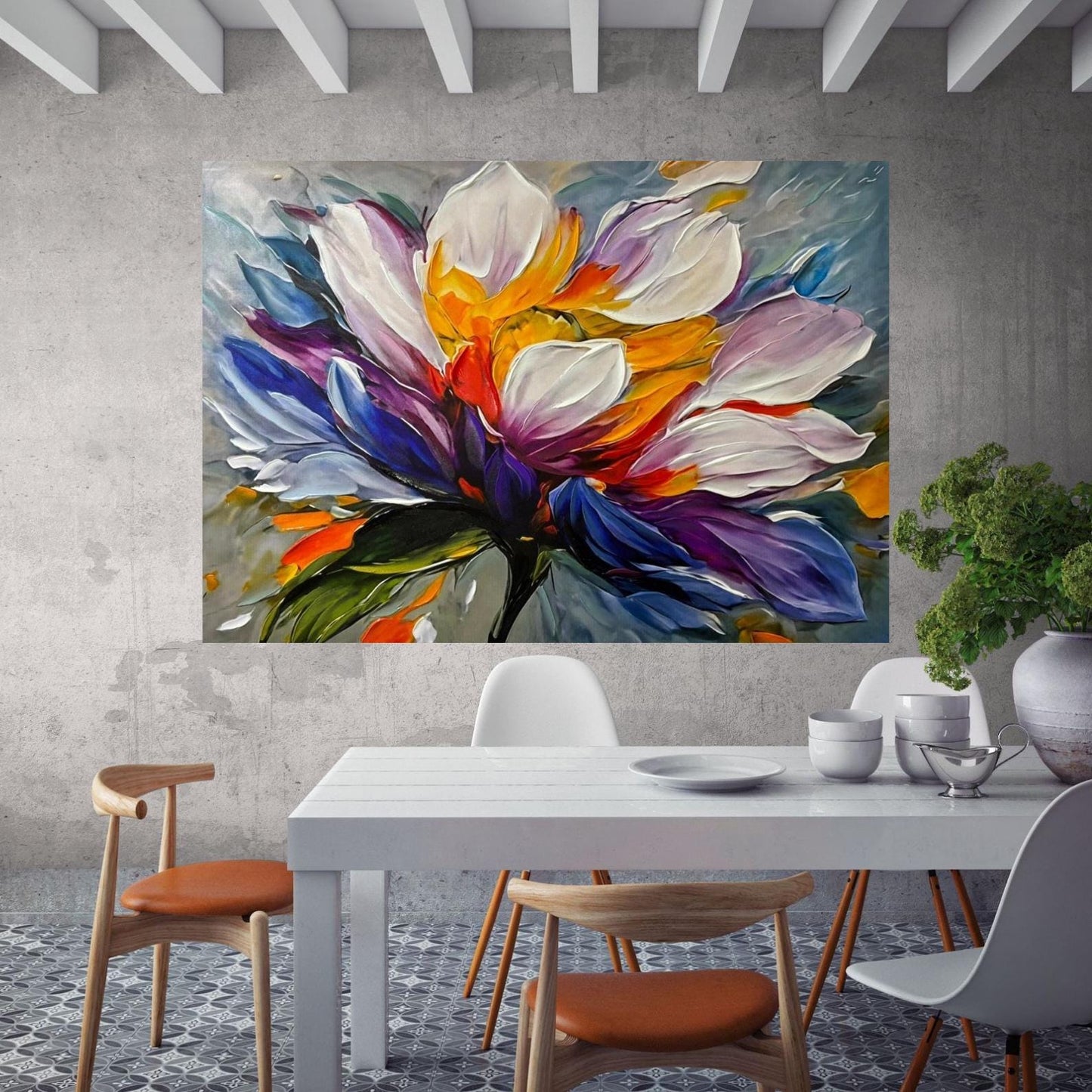 Textured Floral Oil Painting, Colorful Abstract Flower Canvas Art