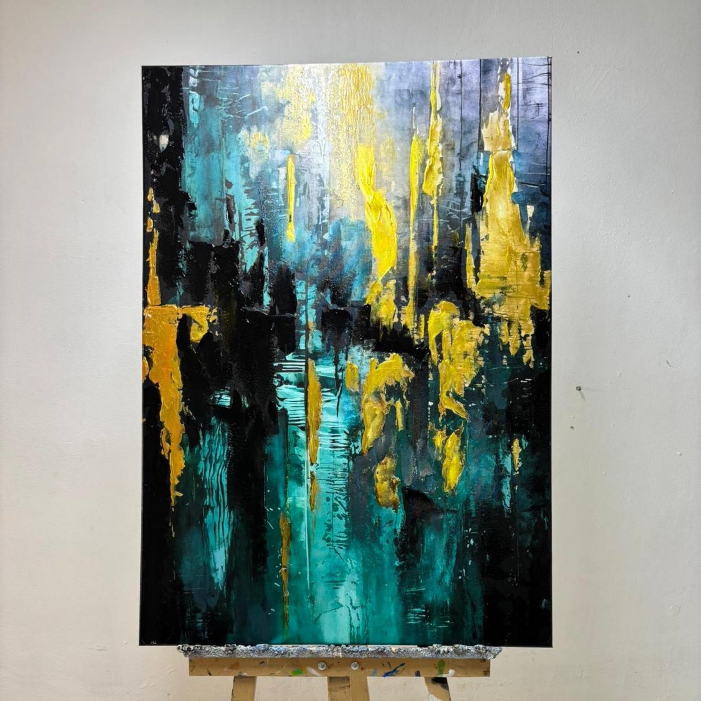 Abstract Gold & Teal Painting, Textured Modern Wall Art, Large Contemporary Canvas for Home Decor
