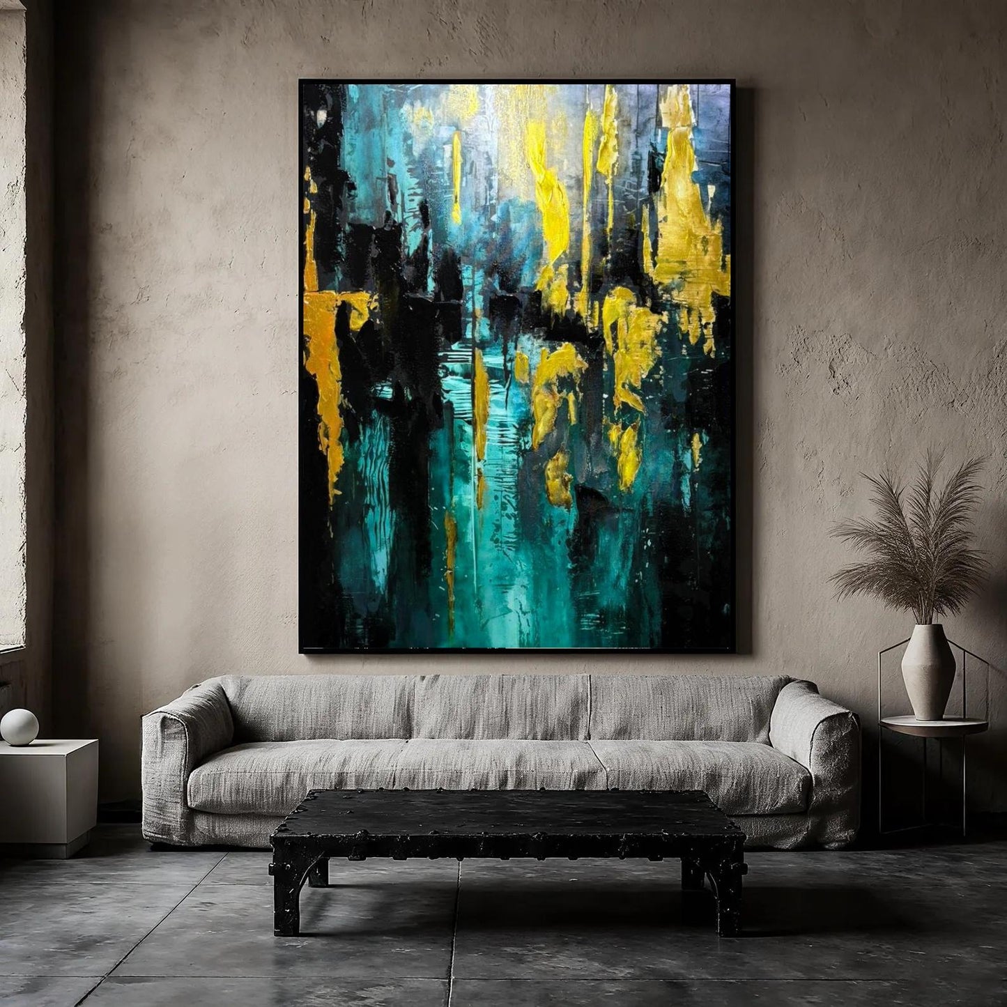 Abstract Gold & Teal Painting, Textured Modern Wall Art, Large Contemporary Canvas for Home Decor