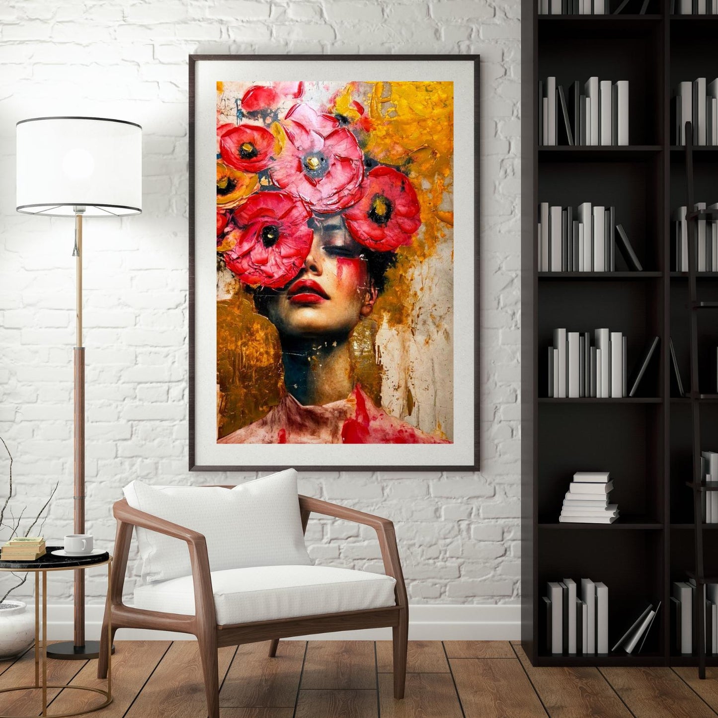 Textured Floral Portrait Painting, Red Flower Woman Art, Modern Abstract Fashion Wall Art for Home Decor