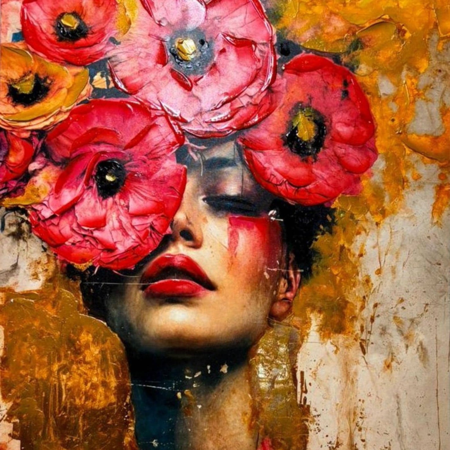 Textured Floral Portrait Painting, Red Flower Woman Art, Modern Abstract Fashion Wall Art for Home Decor