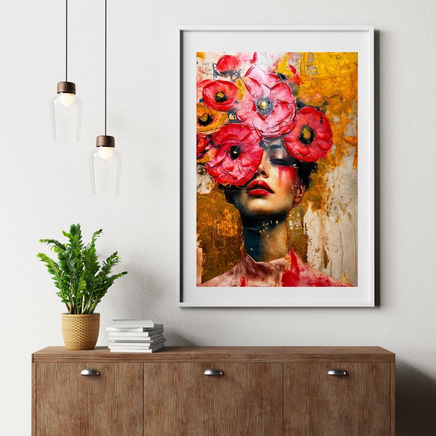 Textured Floral Portrait Painting, Red Flower Woman Art, Modern Abstract Fashion Wall Art for Home Decor