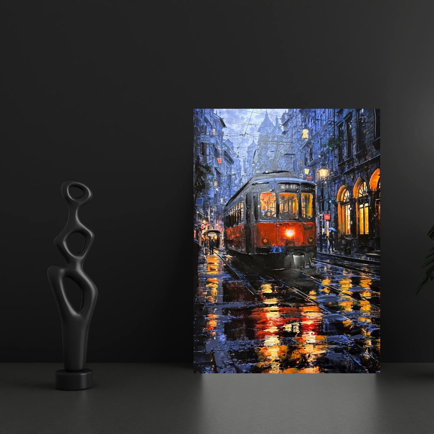 Textured Night City Tram Painting, Rainy Street Urban Landscape Canvas