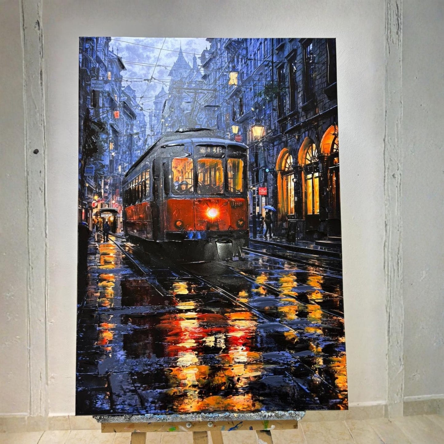 Textured Night City Tram Painting, Rainy Street Urban Landscape Canvas