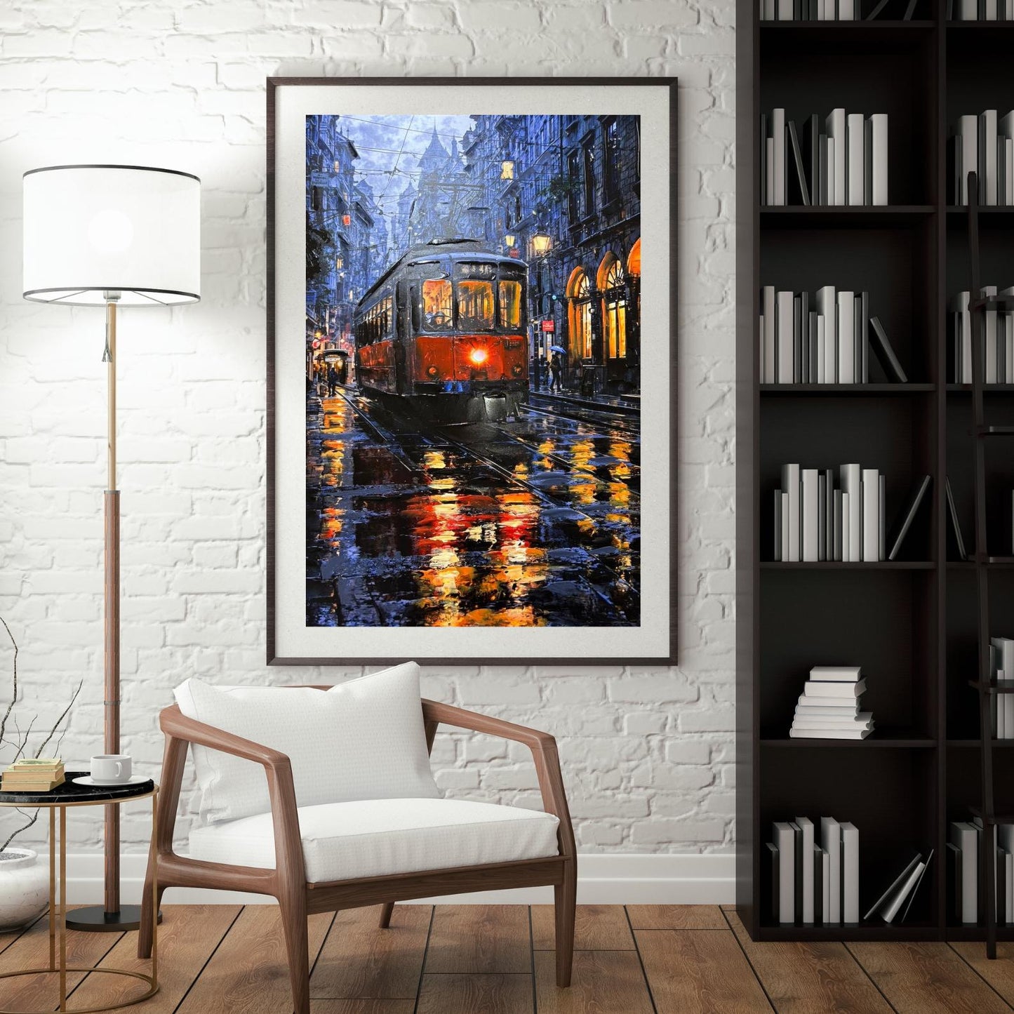 Textured Night City Tram Painting, Rainy Street Urban Landscape Canvas
