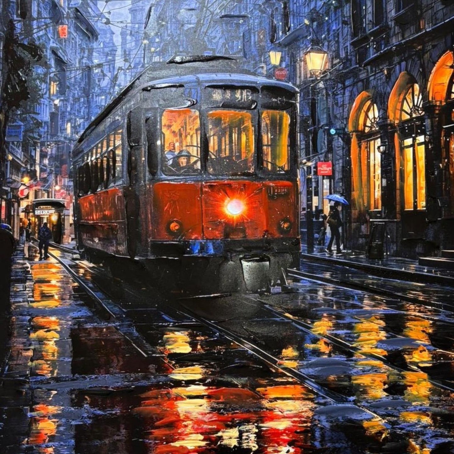 Textured Night City Tram Painting, Rainy Street Urban Landscape Canvas
