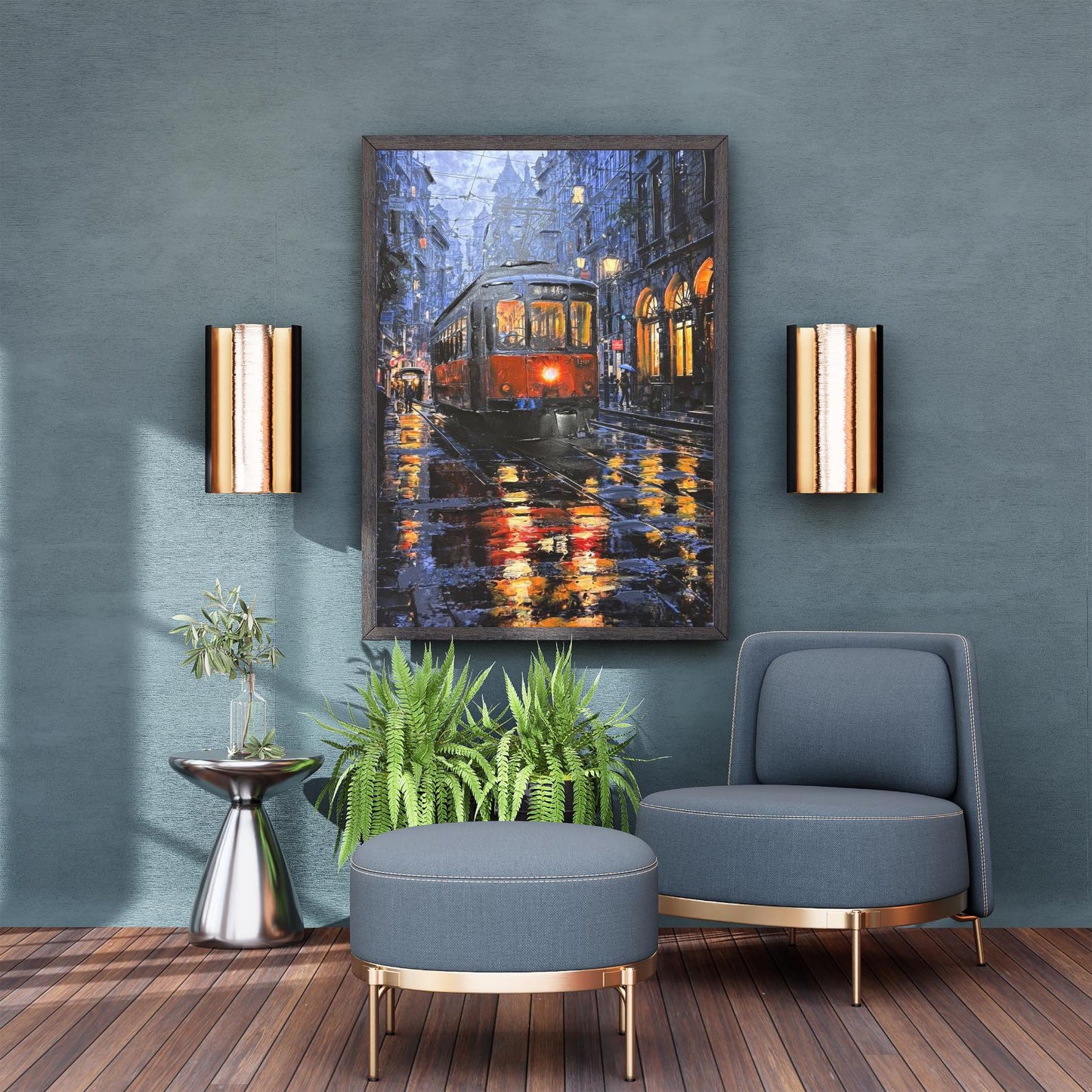 Textured Night City Tram Painting, Rainy Street Urban Landscape Canvas