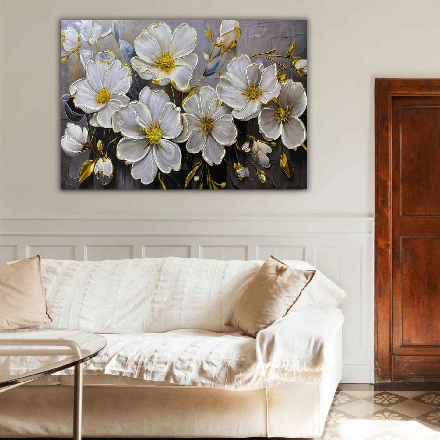 Textured Floral Painting, White & Gold Flower Wall Art, Impasto Canvas