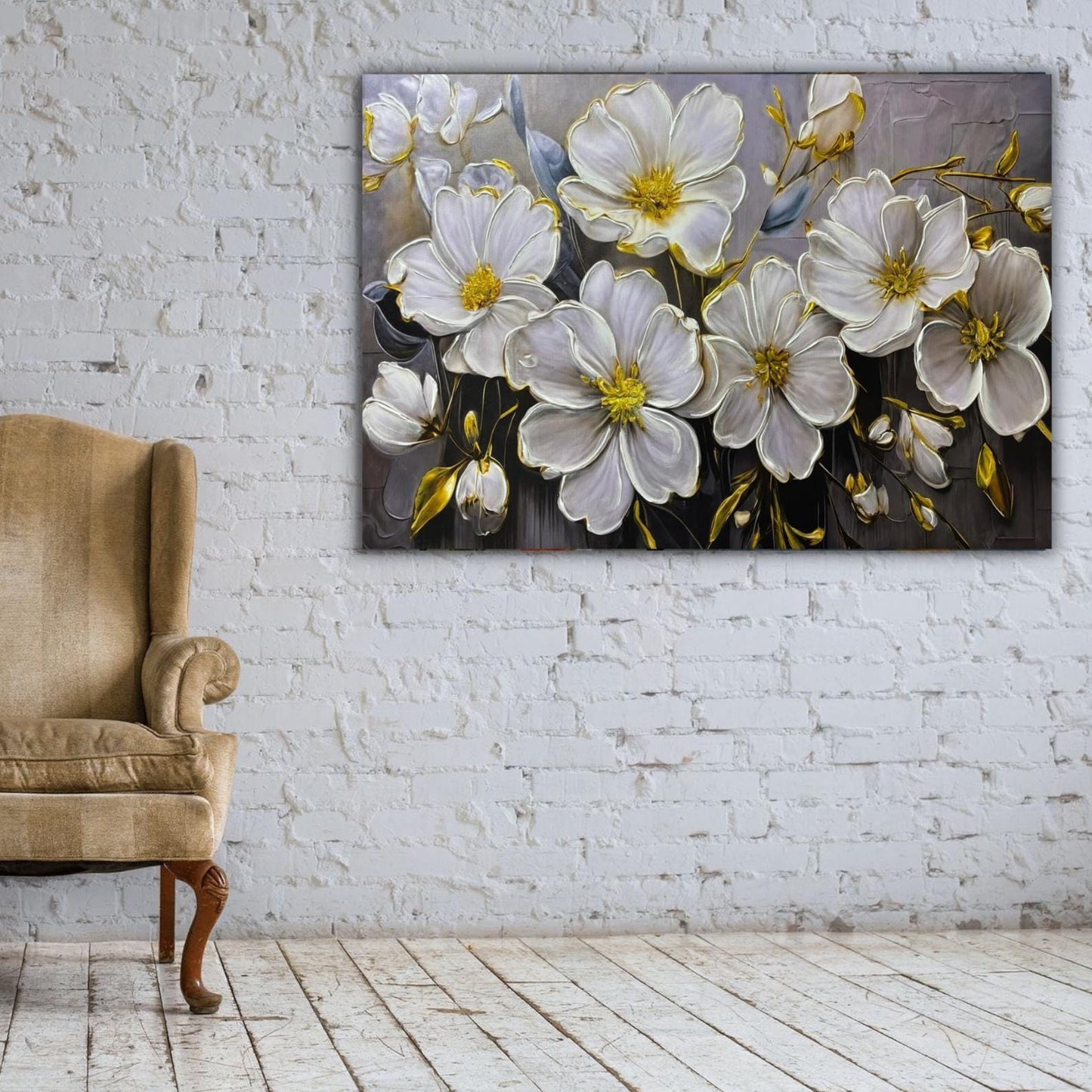 Textured Floral Painting, White & Gold Flower Wall Art, Impasto Canvas
