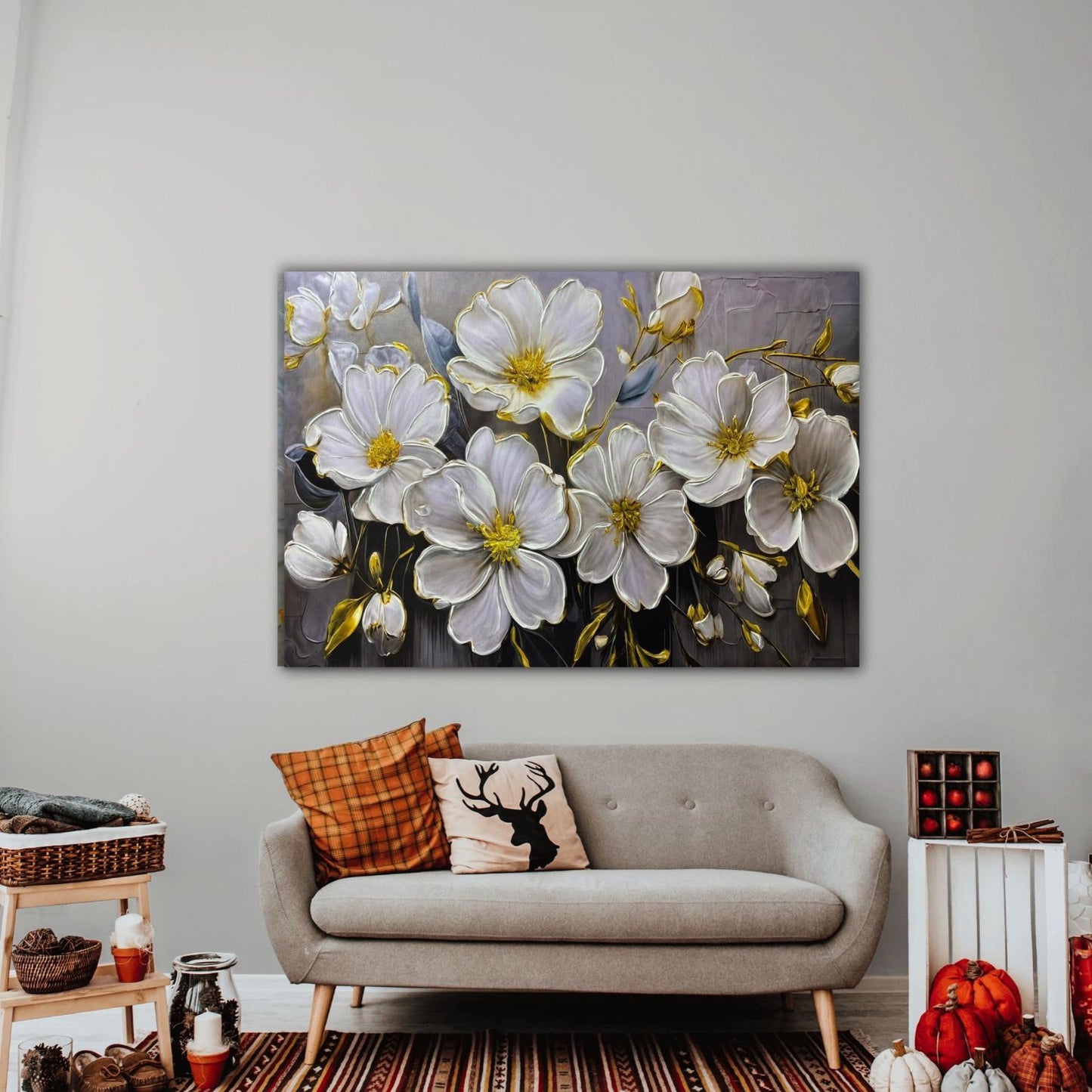 Textured Floral Painting, White & Gold Flower Wall Art, Impasto Canvas
