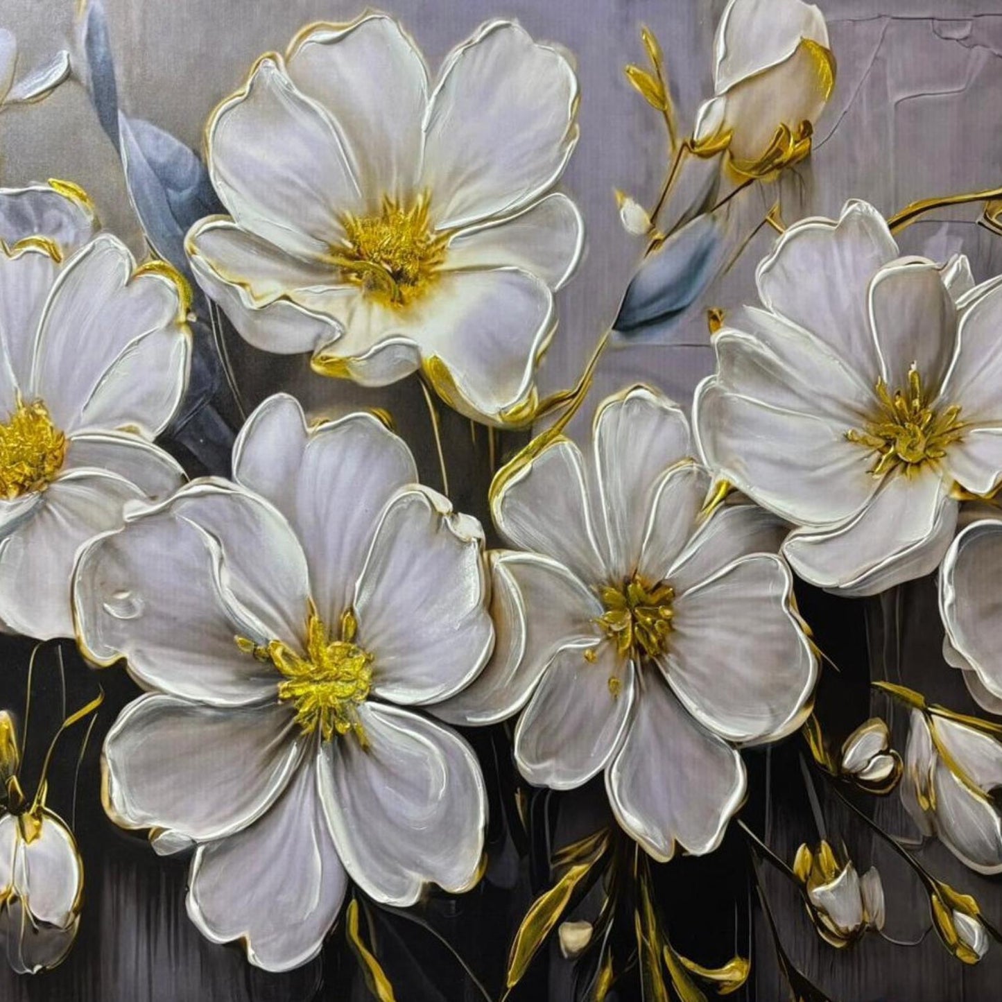 Textured Floral Painting, White & Gold Flower Wall Art, Impasto Canvas