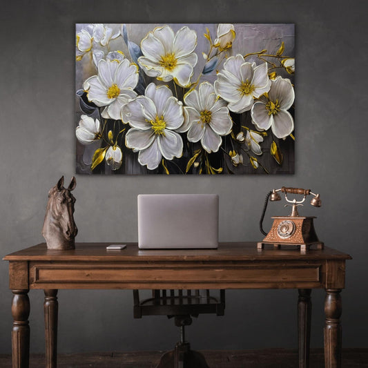 Textured Floral Painting, White & Gold Flower Wall Art, Impasto Canvas