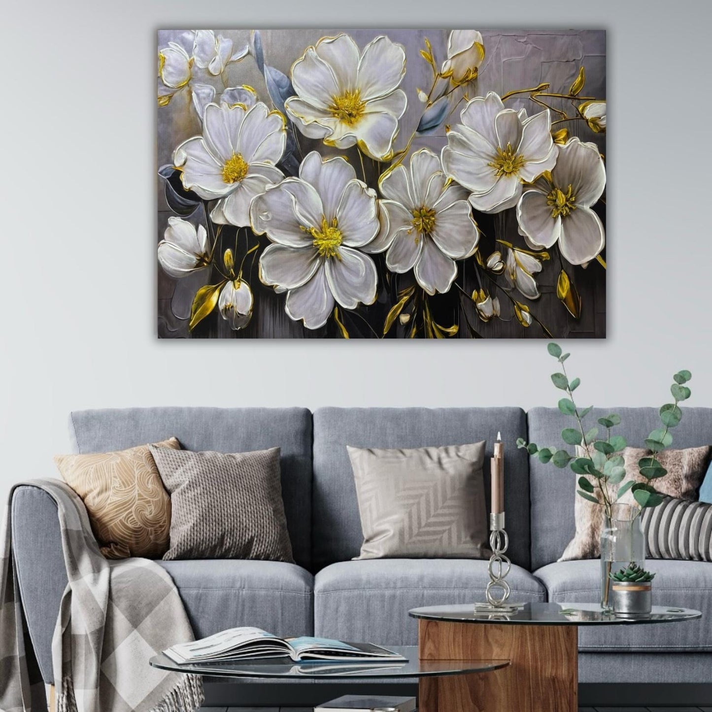 Textured Floral Painting, White & Gold Flower Wall Art, Impasto Canvas