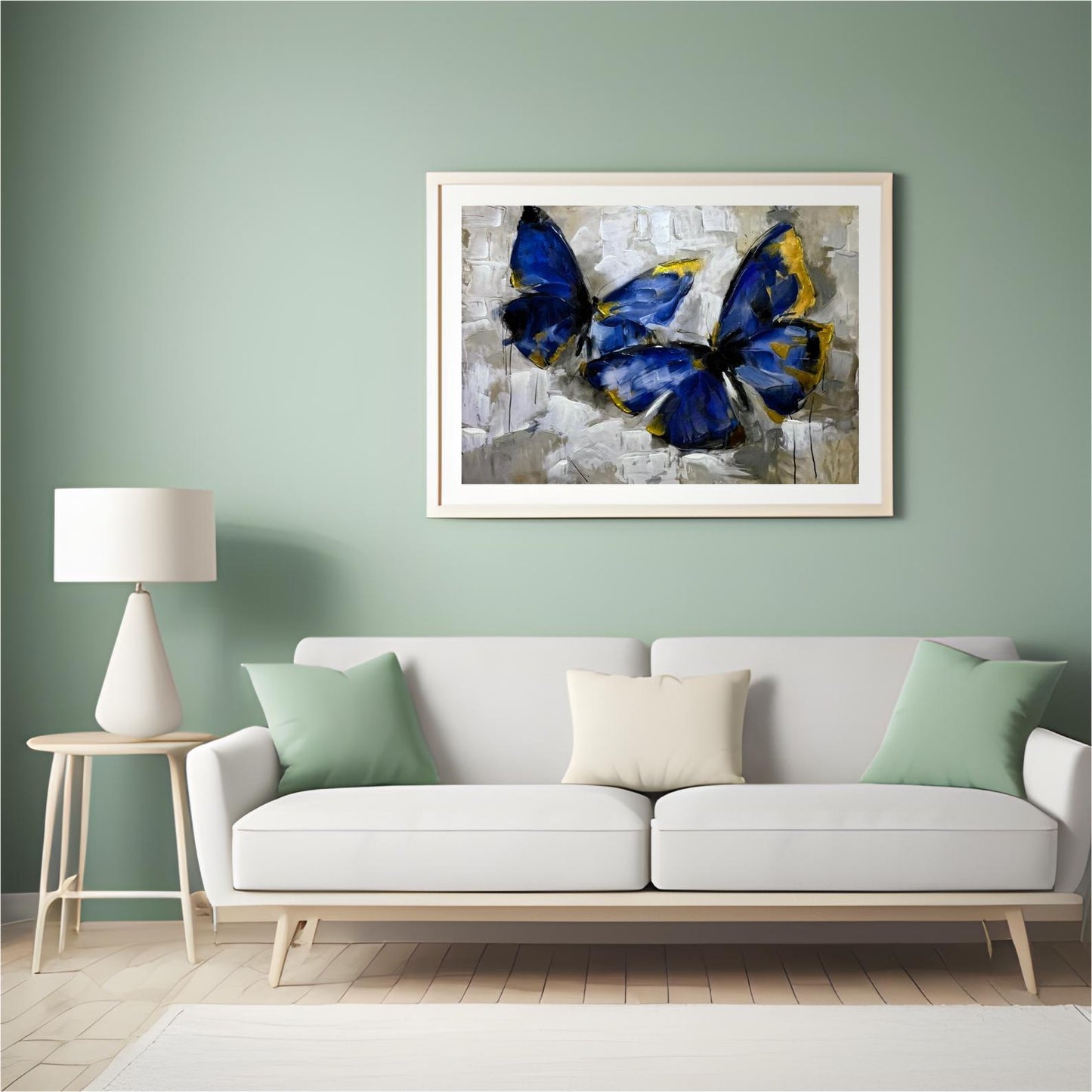Blue Butterfly Painting, Gold Accents, Textured Impasto Art