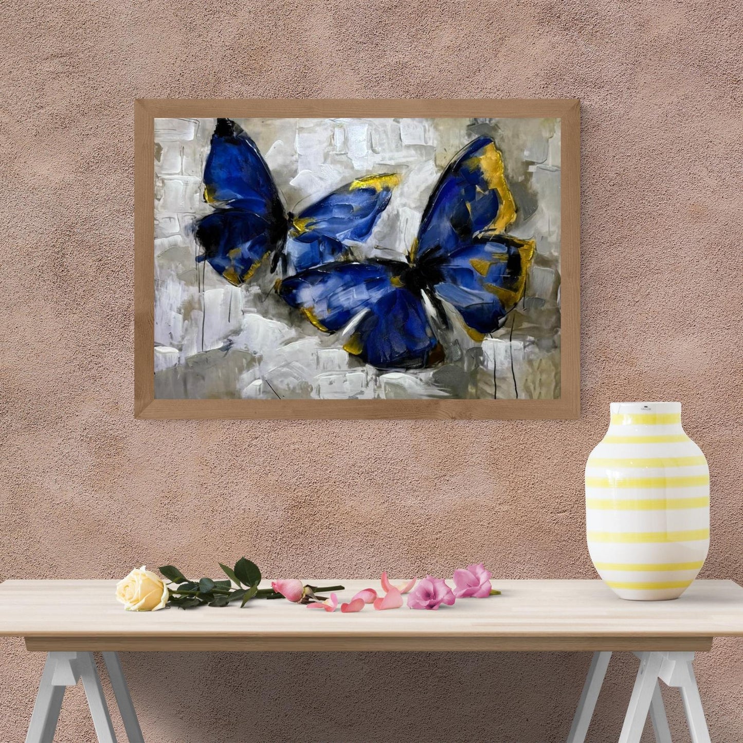 Blue Butterfly Painting, Gold Accents, Textured Impasto Art