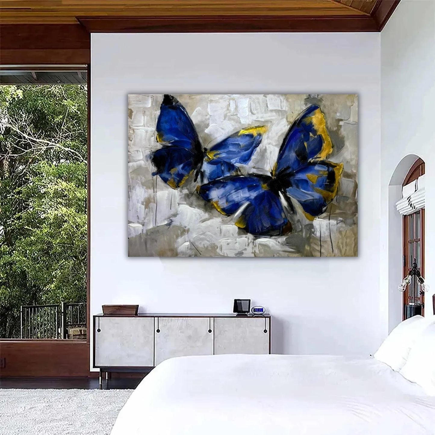 Blue Butterfly Painting, Gold Accents, Textured Impasto Art