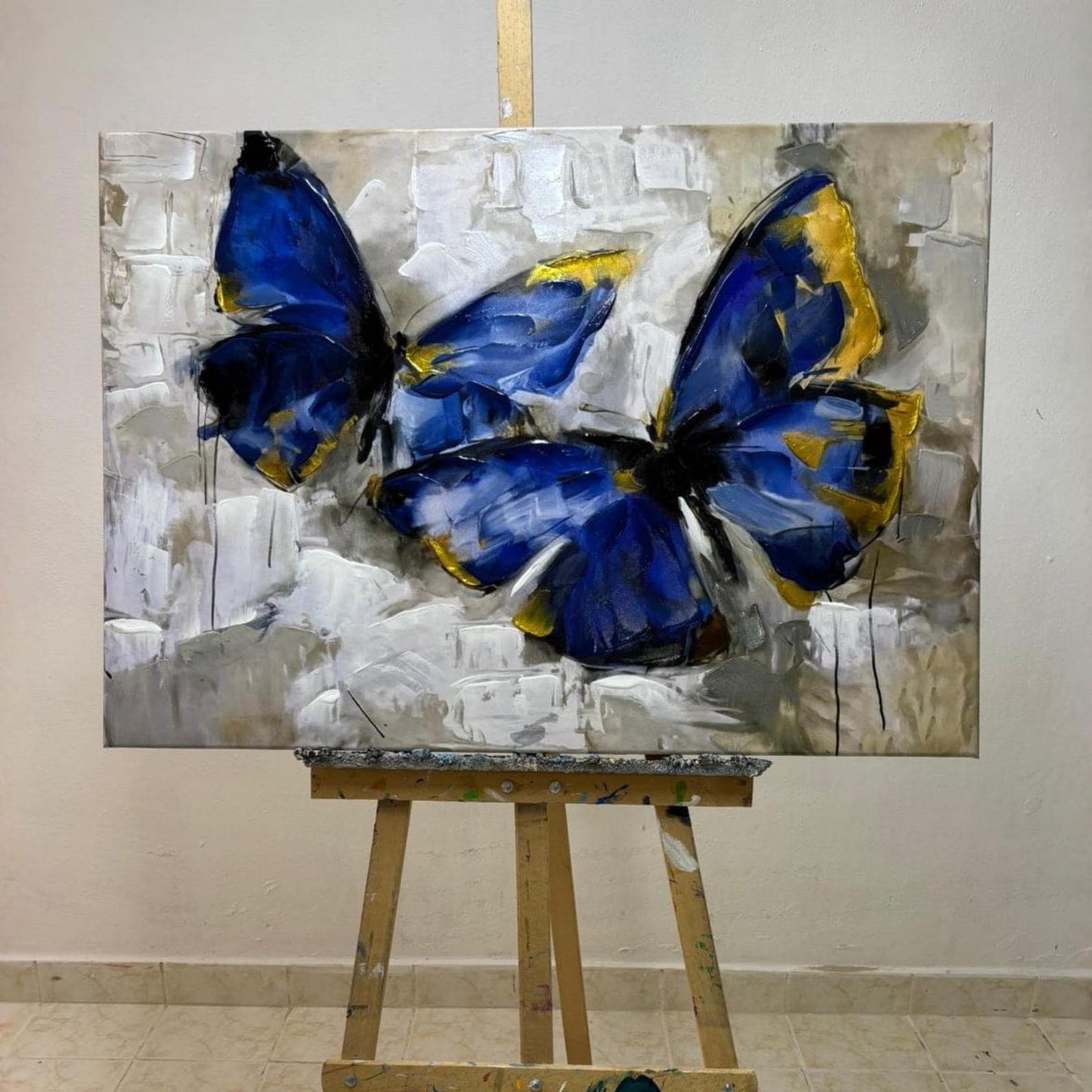 Blue Butterfly Painting, Gold Accents, Textured Impasto Art