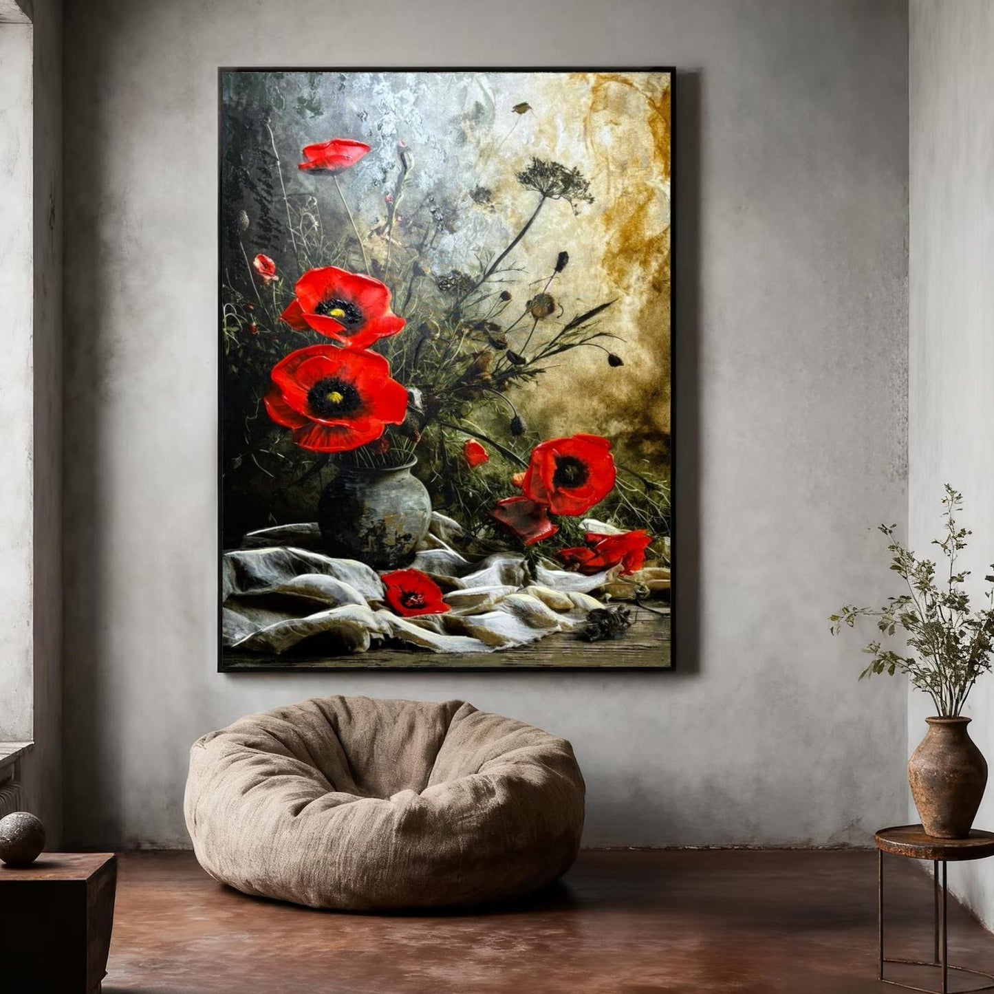 Red Poppy Oil Painting, Textured Floral Still Life, Vintage Wall Art