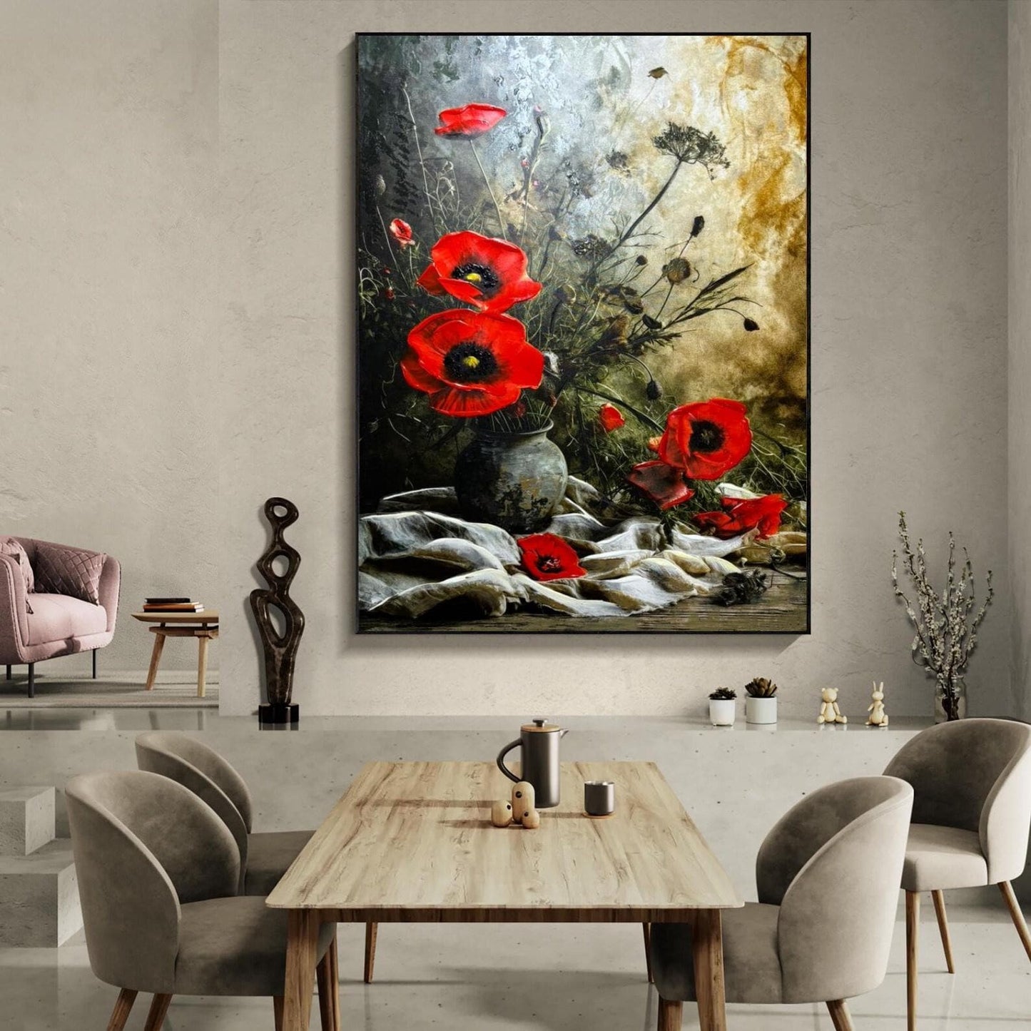 Red Poppy Oil Painting, Textured Floral Still Life, Vintage Wall Art