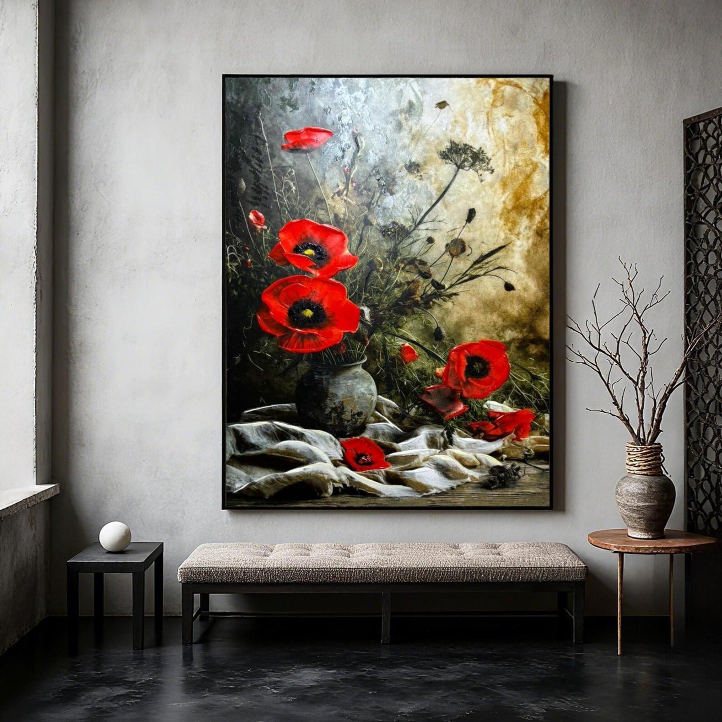 Red Poppy Oil Painting, Textured Floral Still Life, Vintage Wall Art