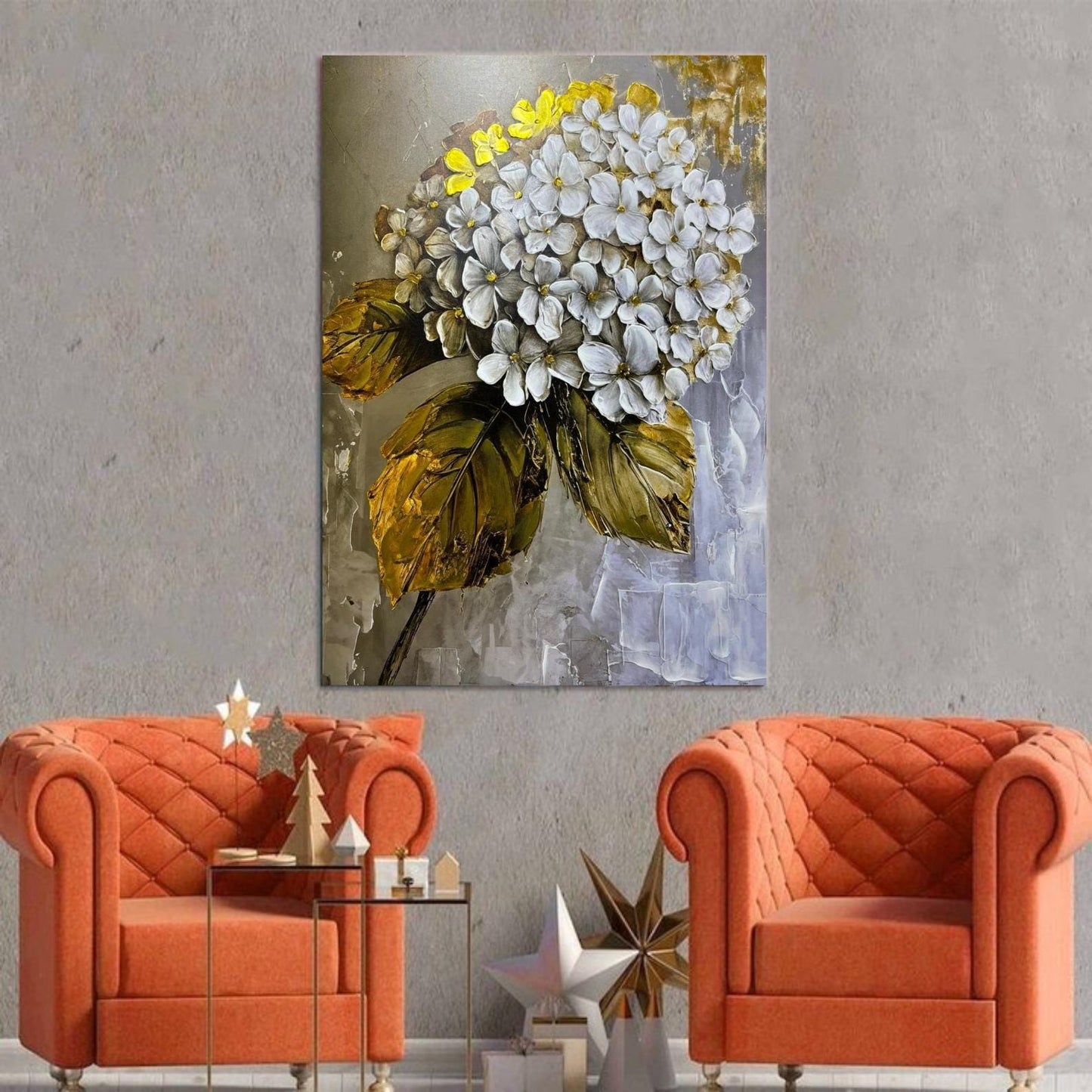 Textured White Floral Painting, Gold Leaf Botanical Canvas Art