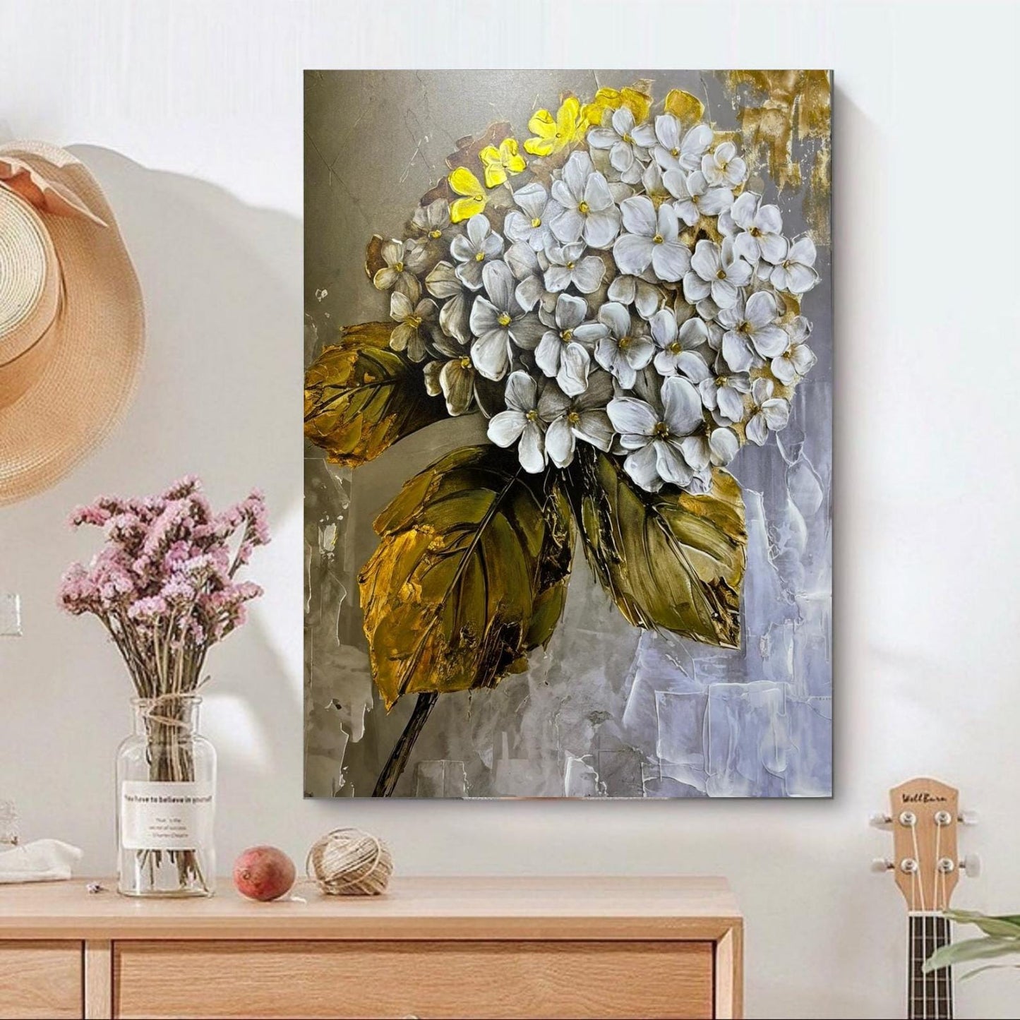 Textured White Floral Painting, Gold Leaf Botanical Canvas Art