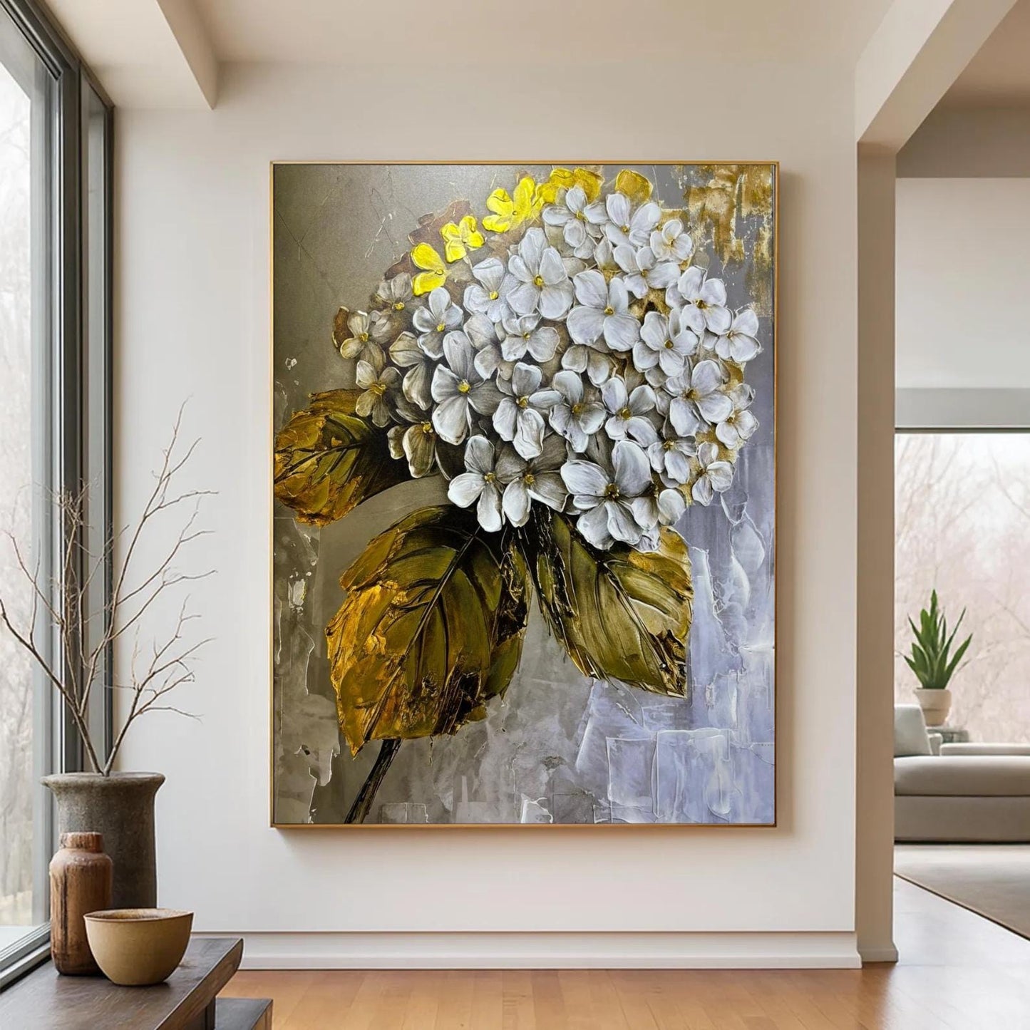 Textured White Floral Painting, Gold Leaf Botanical Canvas Art
