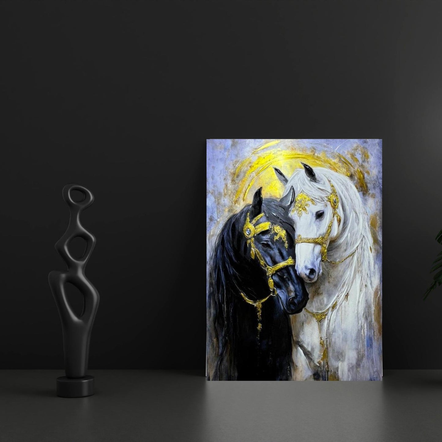 Textured Horse Painting, Black and White, Gold Accents, Modern Animal Canvas
