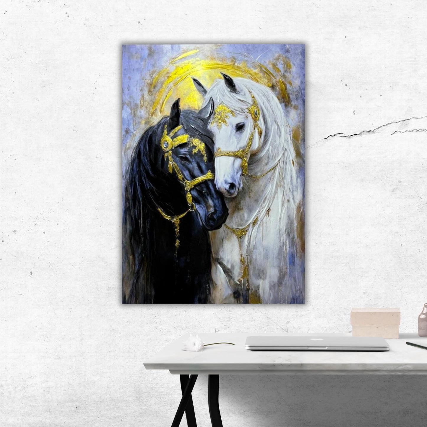 Textured Horse Painting, Black and White, Gold Accents, Modern Animal Canvas