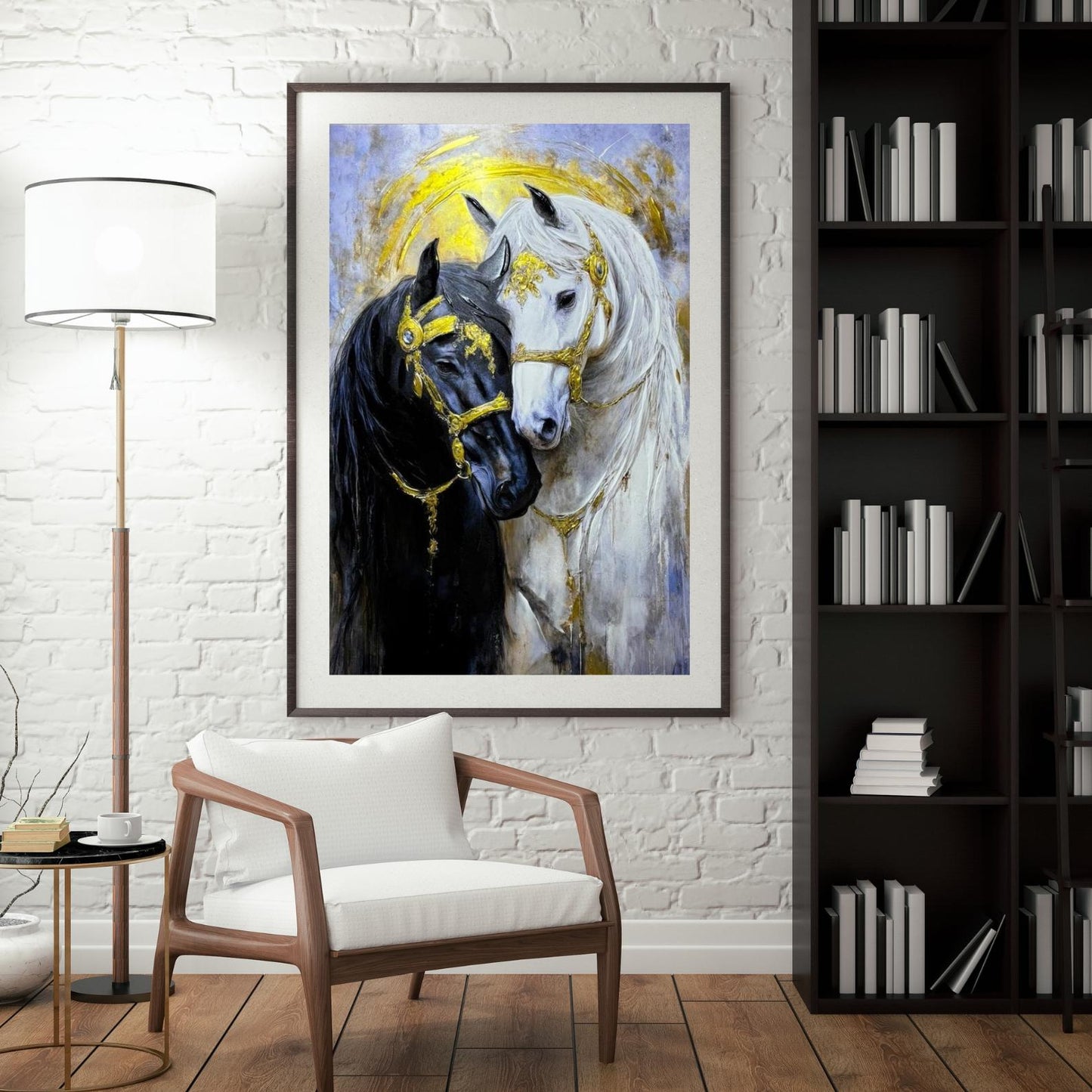 Textured Horse Painting, Black and White, Gold Accents, Modern Animal Canvas