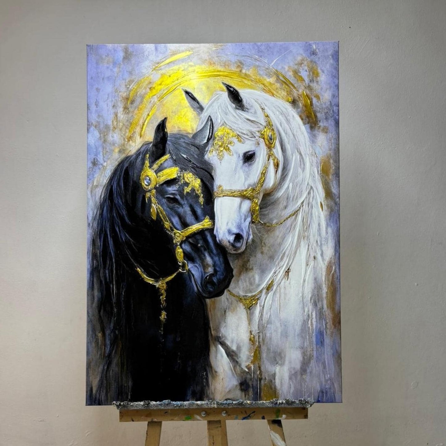 Textured Horse Painting, Black and White, Gold Accents, Modern Animal Canvas