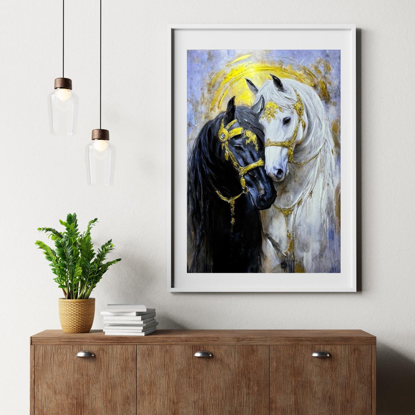 Textured Horse Painting, Black and White, Gold Accents, Modern Animal Canvas