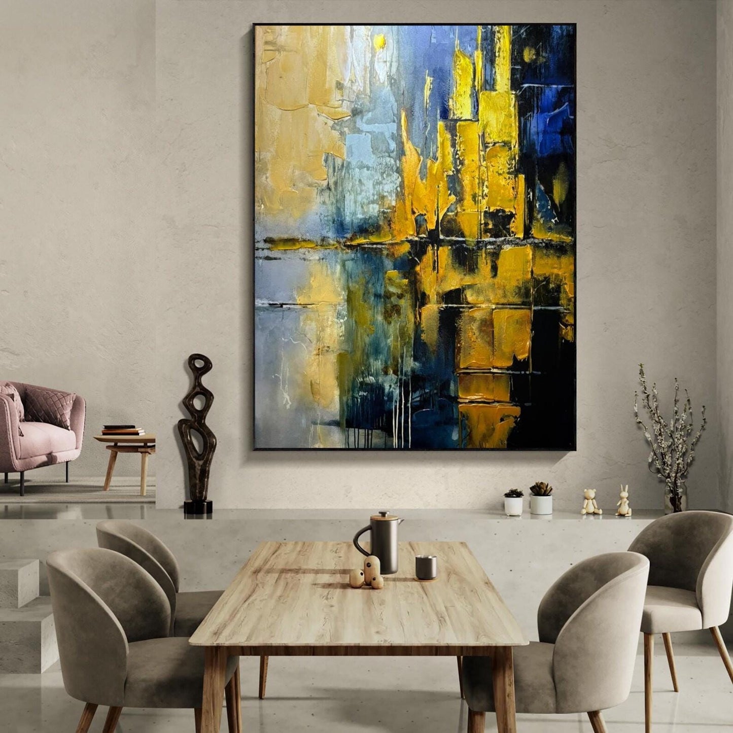 Gold and Blue Abstract Painting, Textured Impasto Canvas Art