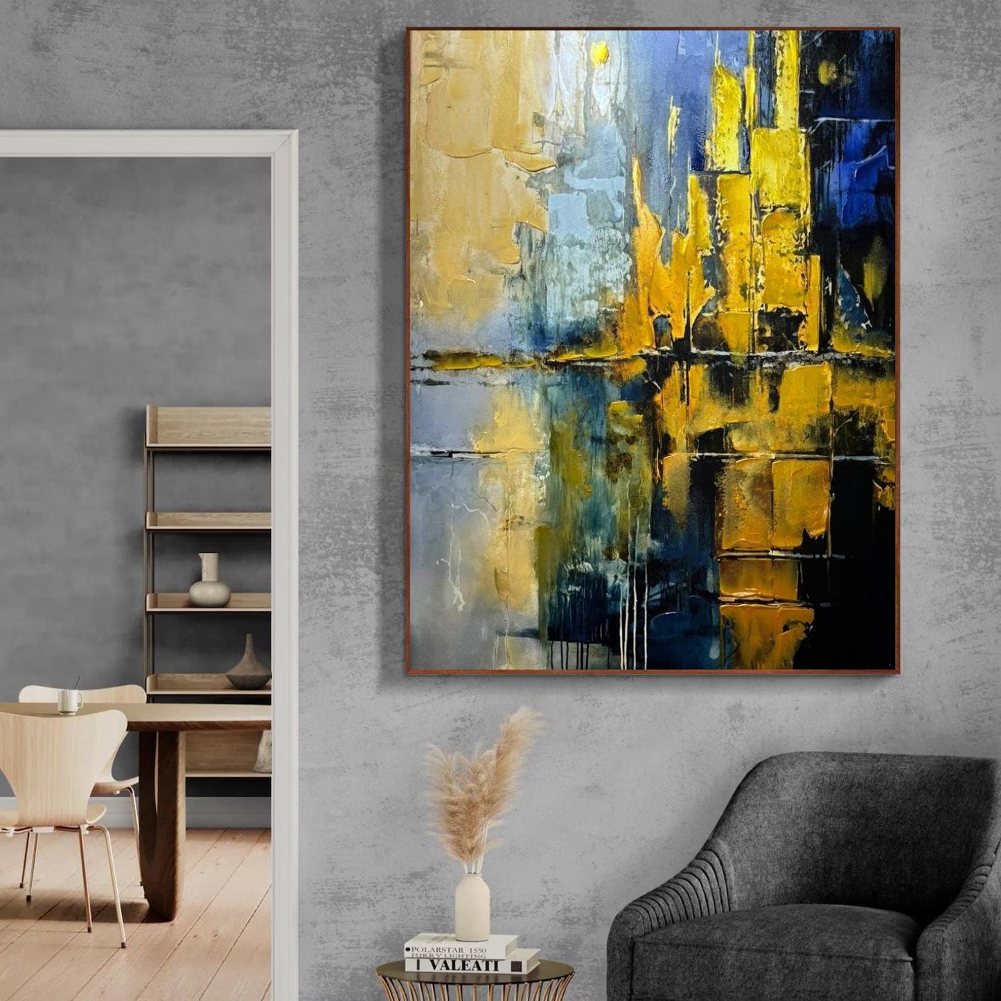 Gold and Blue Abstract Painting, Textured Impasto Canvas Art
