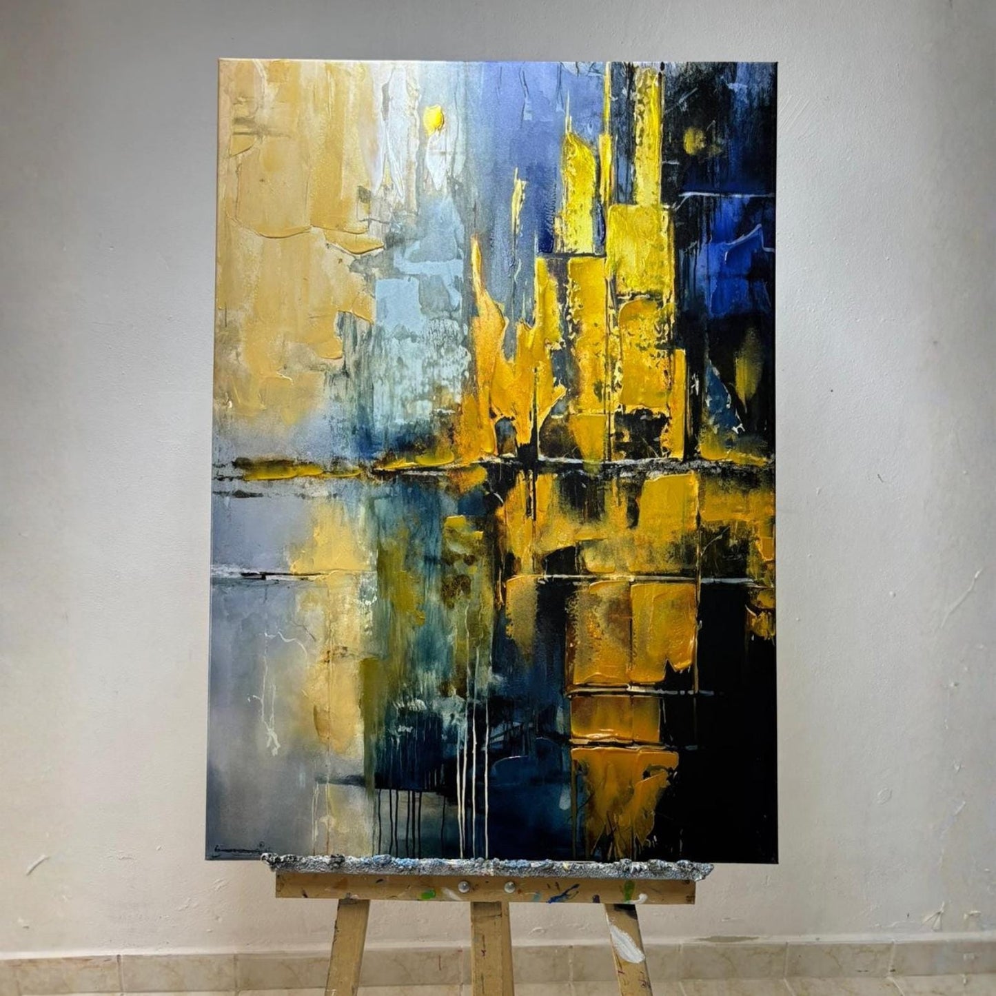 Gold and Blue Abstract Painting, Textured Impasto Canvas Art