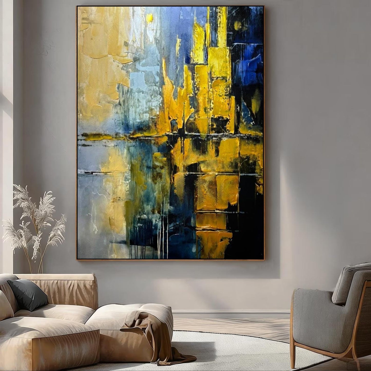 Gold and Blue Abstract Painting, Textured Impasto Canvas Art