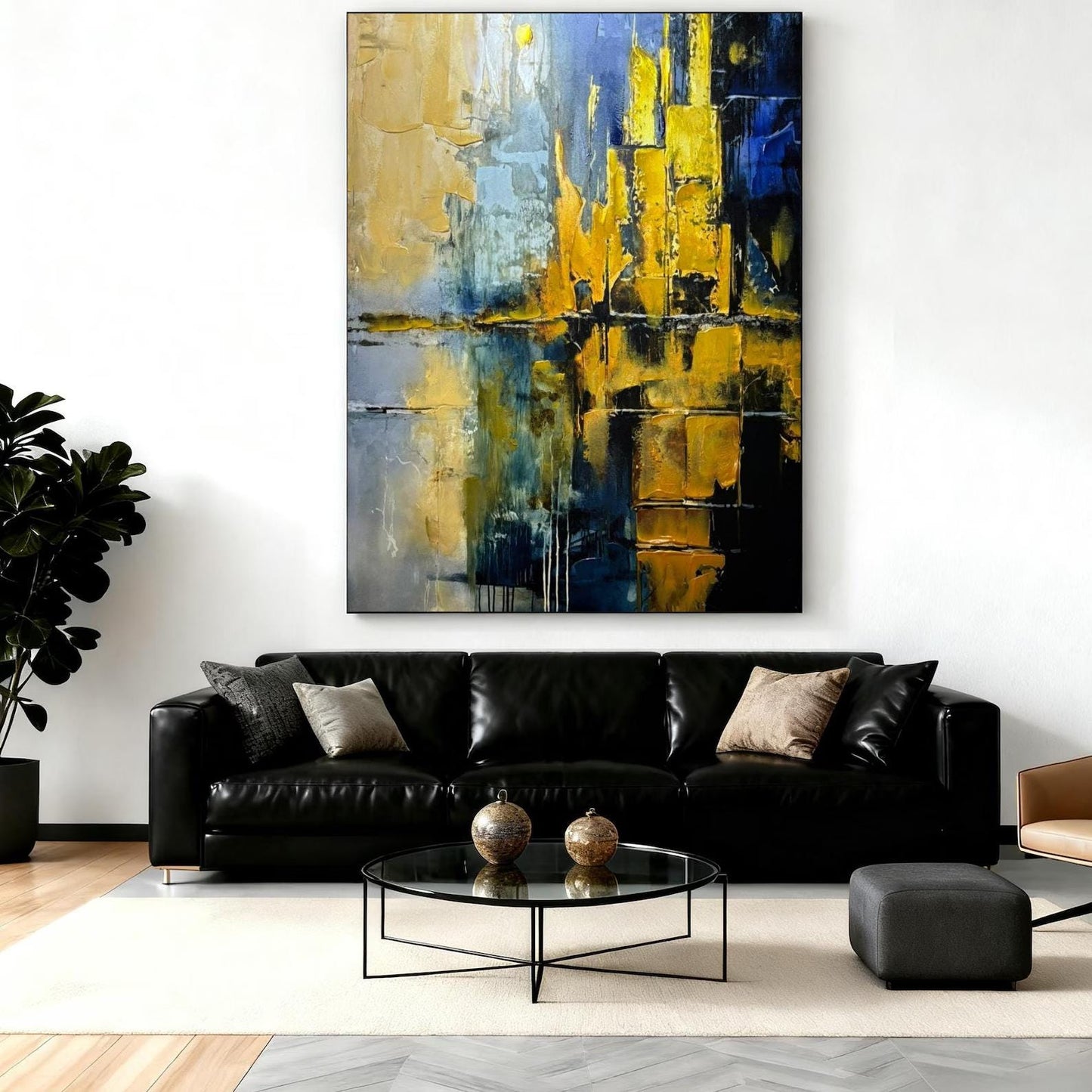 Gold and Blue Abstract Painting, Textured Impasto Canvas Art
