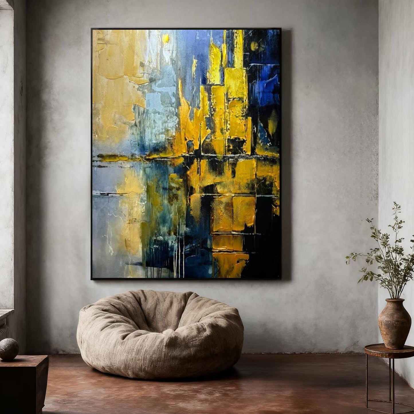 Gold and Blue Abstract Painting, Textured Impasto Canvas Art
