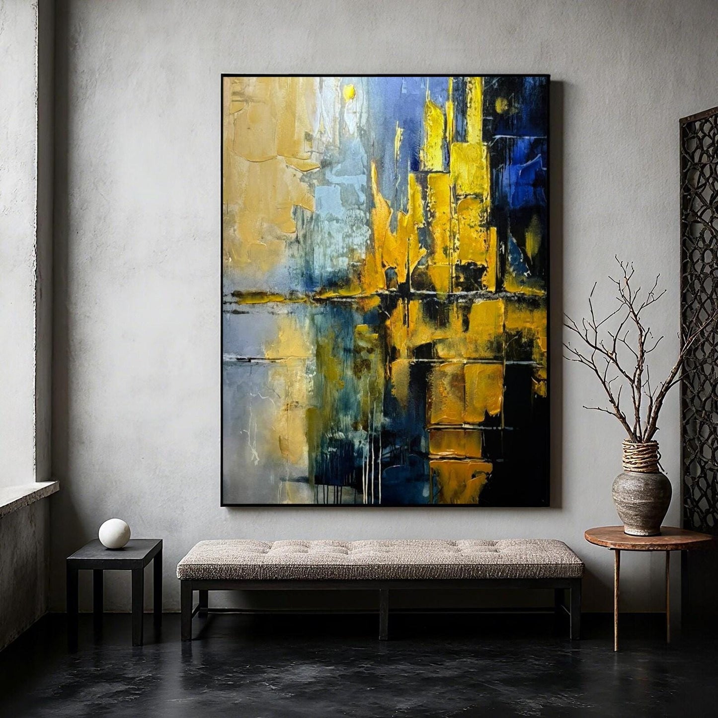 Gold and Blue Abstract Painting, Textured Impasto Canvas Art