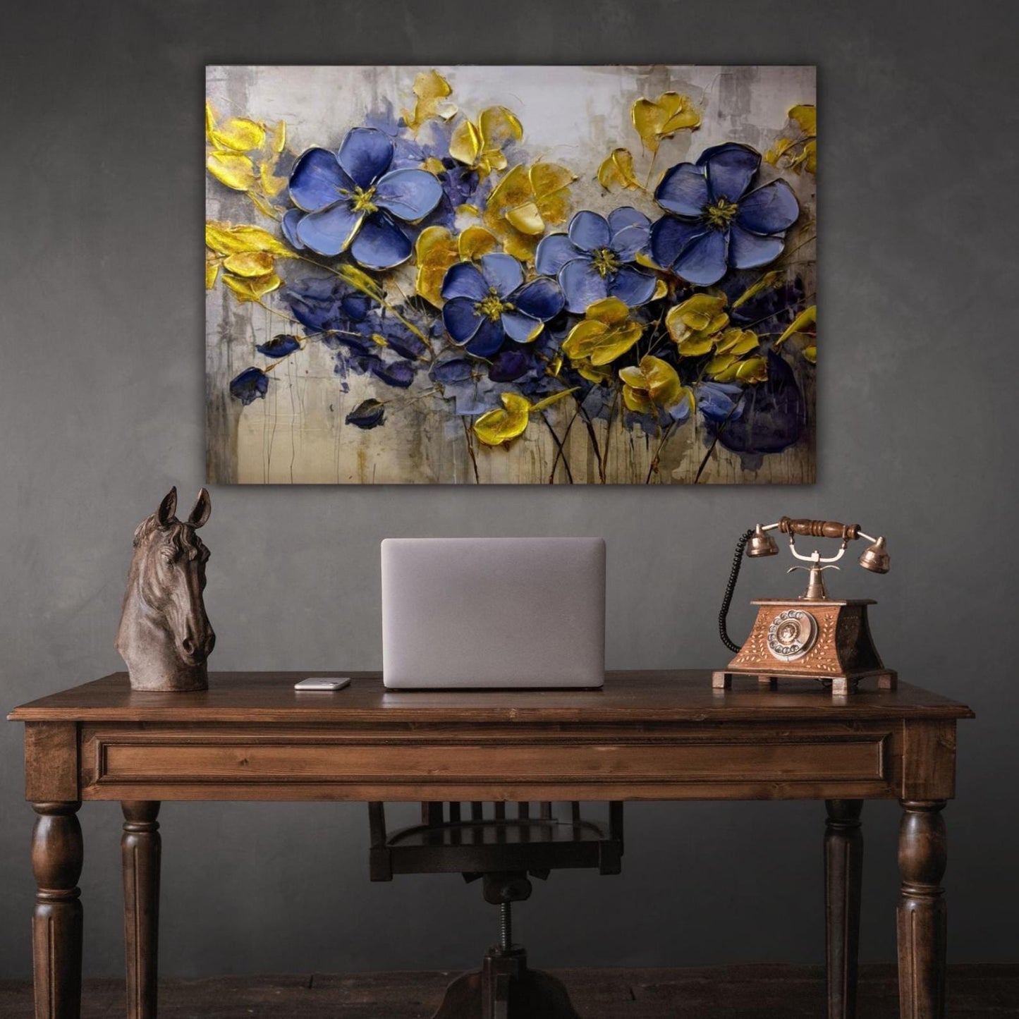 Blue and Gold Floral Impasto Painting, Modern Botanical Canvas Art