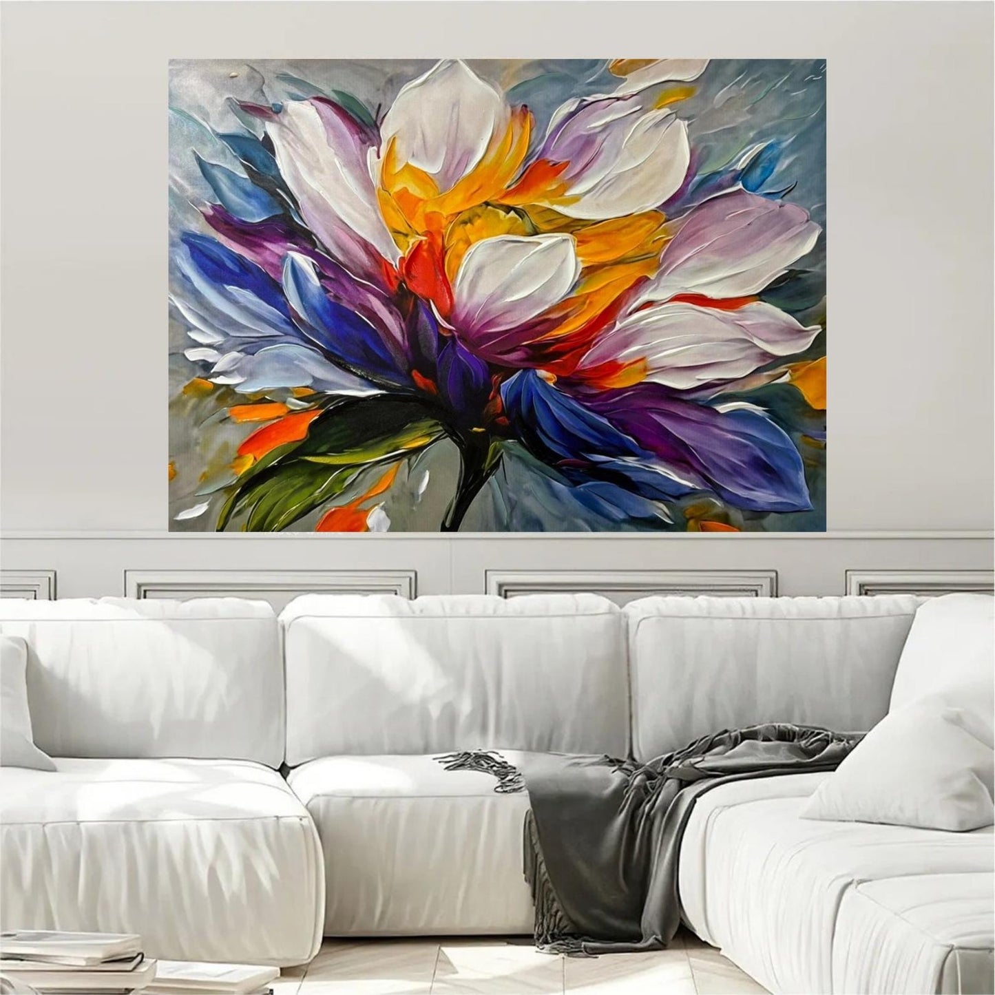 Textured Floral Oil Painting, Colorful Abstract Flower Canvas Art