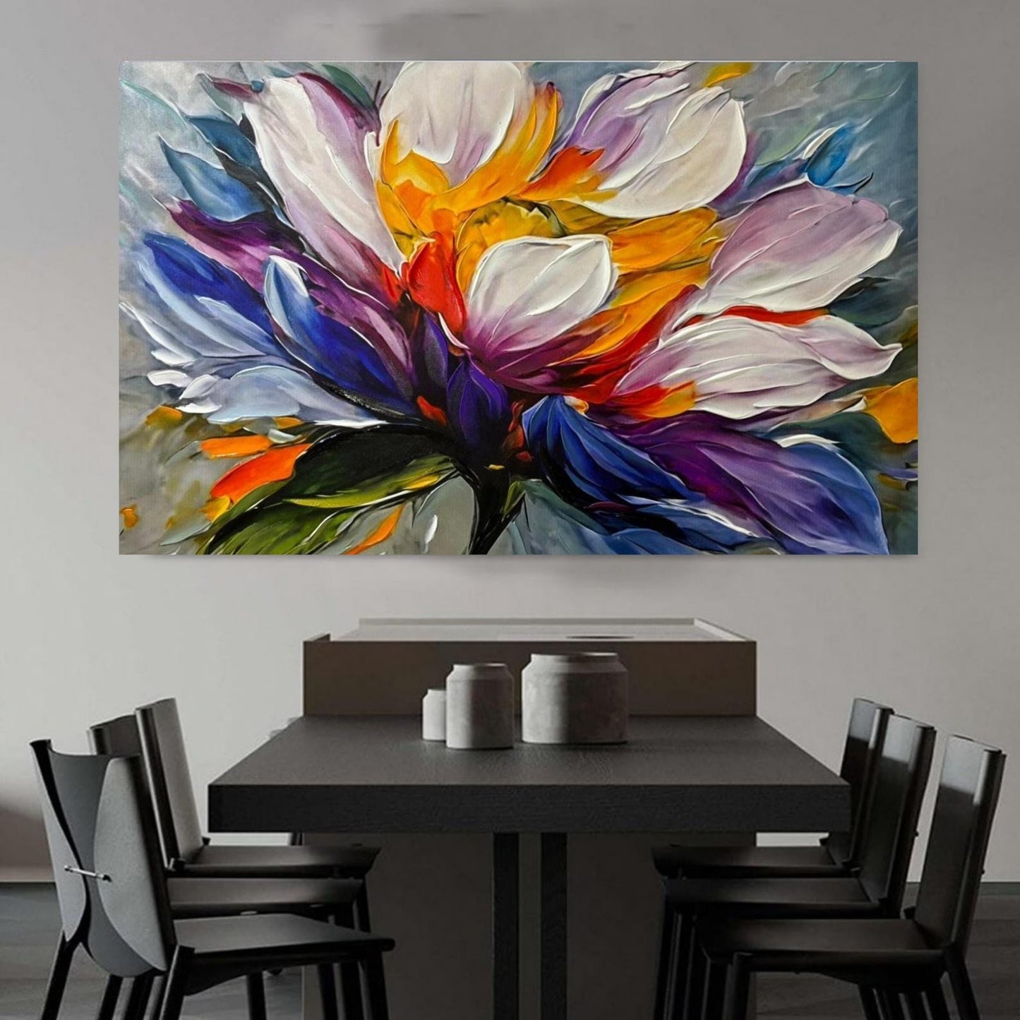 Textured Floral Oil Painting, Colorful Abstract Flower Canvas Art