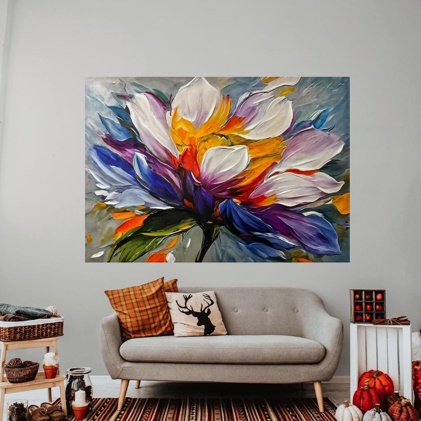 Textured Floral Oil Painting, Colorful Abstract Flower Canvas Art